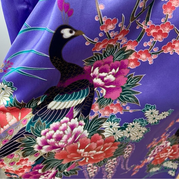 Vintage Jugemm Kimono Robe Woman 40"  Made Japan‎ Purple Peacock Satin Oriental - Picture 5 of 11